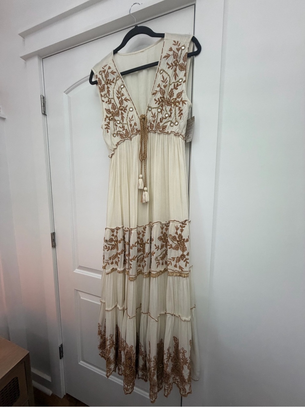 Boho Embroidered Cream Maxi Dress with Tassel Tie